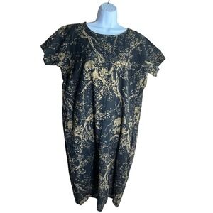 XMLP Linen Cotton Blend Botanical Print Short Sleeve Shift Dress Black Gold